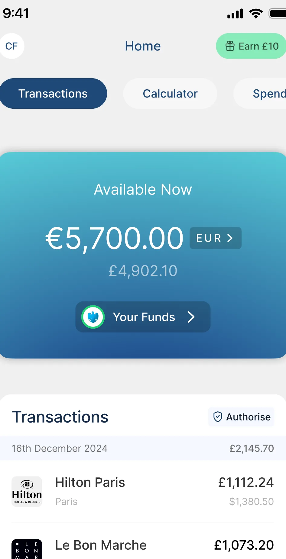 Currensea app home screen showing an available travel balance in euros and recent card transactions