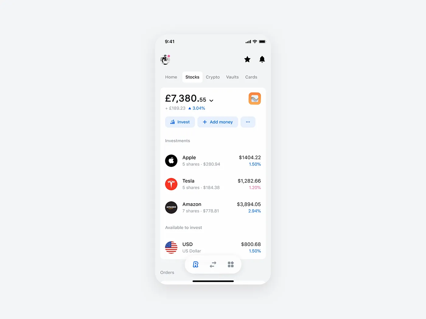 Revolut app home screen